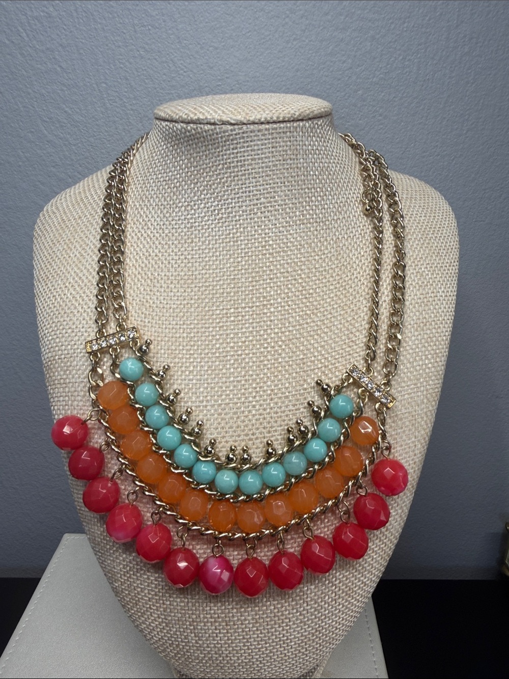 Multi-Row Gold Necklace with Coral, Orange and Turquoise Beads